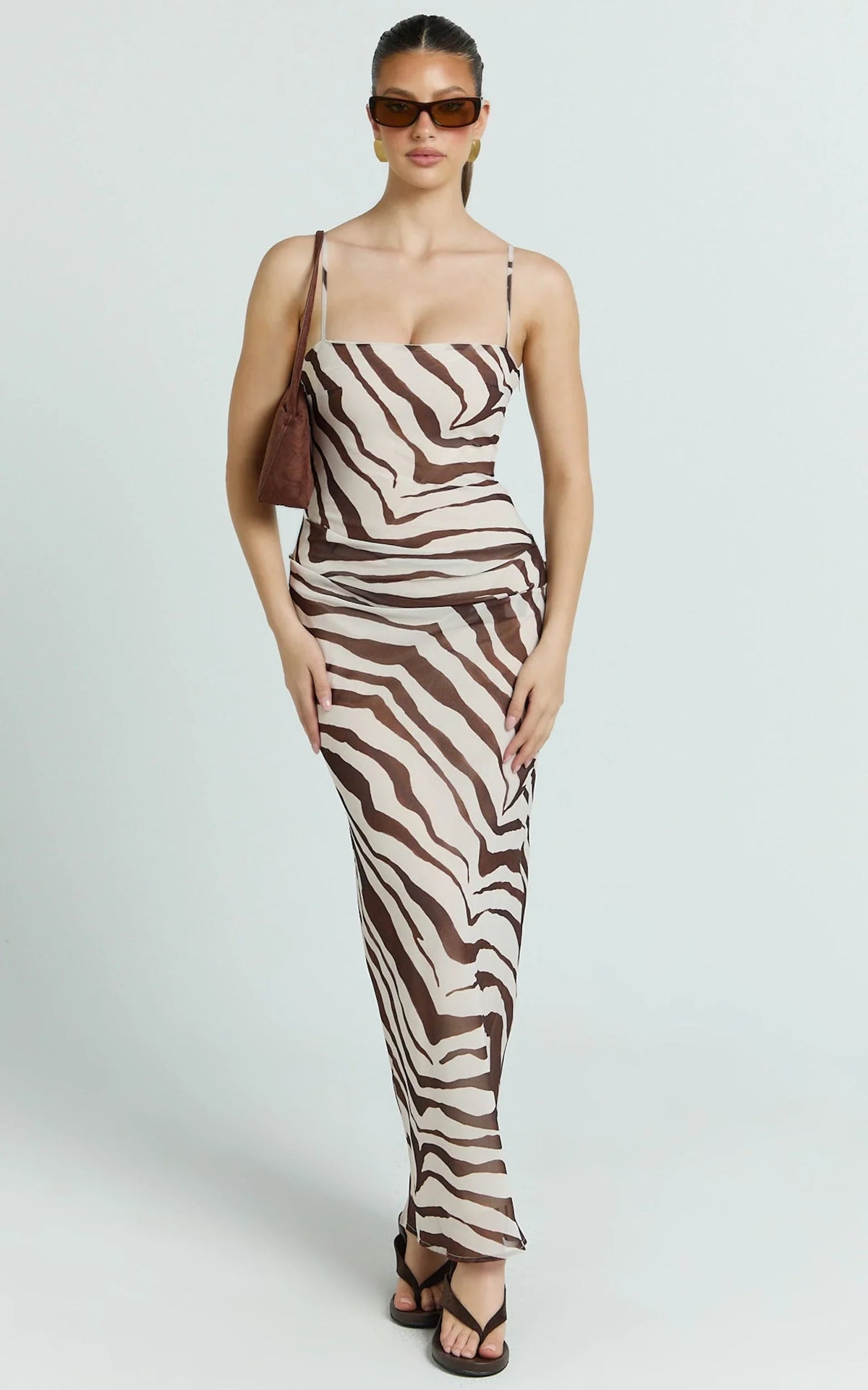 Gwendolyn Maxi Dress - Zebra Bias Spaghetti Strap Dress in Choc Zebra
