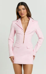 Lawrence Mini Dress - Workwear Hook And Eye Front Fit And Flare Blazer Dress in Pale Pink