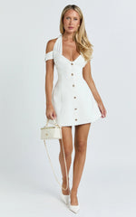 Baylee Mini Dress - Off Shoulder Button Front Tulip Skirt Dress in White