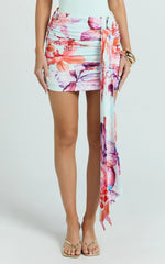 Fergie Mini Skirt - Ocean Orchid Print Gathered Drape Skirt in Ocean Orchid Print