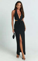 Rose Maxi Dress - Plunge Halter Front Split Dress in Black