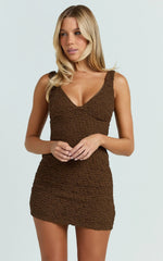 Portia Mini Dress - V Neck Textured Jersey Bodycon Mini Dress in Chocolate
