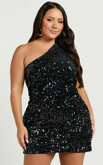 Lucy Mini Dress - One Shoulder Sequin Mini Dress in Black