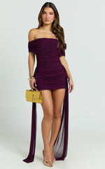 Hermie Mini Dress - Off Shoulder Ruched Mesh Draped Dress in Wine
