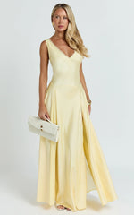 Darlene Maxi Dress - Lace Trim Drop Waist Dress in Lemon