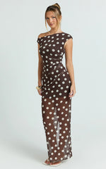 Lia Maxi Dress - Off Shoulder Slip Dress in Chocolate White Spot