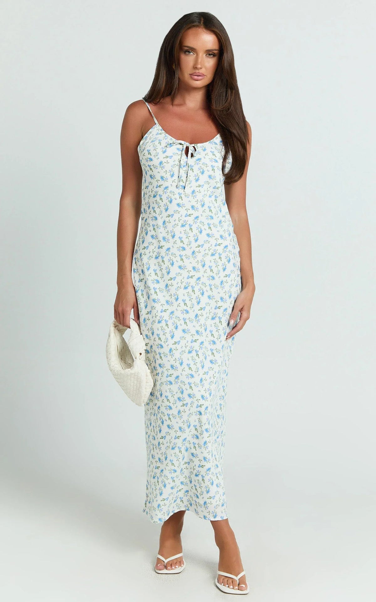 Owen Maxi Dress - Strappy Scoop Neck Tie Front Bias Skirt Dress in Blue Ditsy Floral