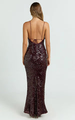 Finn Maxi Dress - Plunge Neck Sheer Sequin Slip Dress in Wine