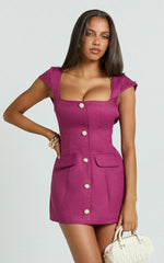 Patsy Mini Dress - Boucle Cap Sleeve Button Front Fitted Dress in Burgundy