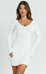 Carissa Mini Dress - V Neck Long Sleeve Knit Dress in White