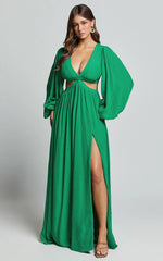 Paige Maxi Dress - Side Cut Out Balloon Sleeve Dress in Green