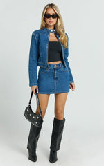 Pamela Mini Skirt - Low Rise Double Button Recycled Denim Skirt in Dark Blue Wash