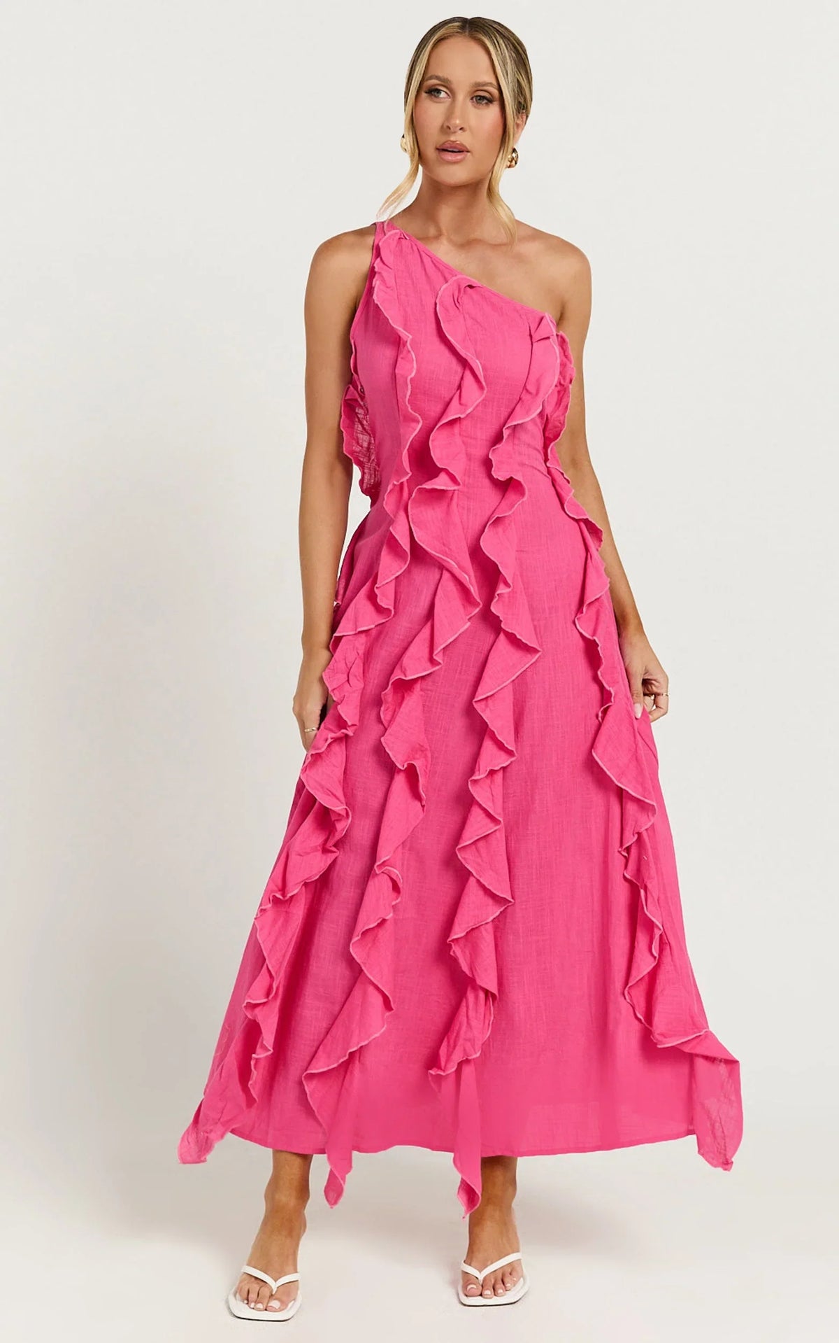 Britney Maxi Linen Blend Dress - One Shoulder Ruffle Detail Dress in Pink