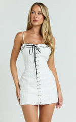 Gisele Mini Dress - Straight Neck Fitted Laced Front Dress in White
