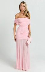 Alanna Maxi Dress - Off Shoulder Ruched Mesh Dress in Pink
