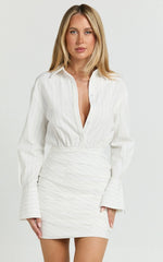 Elliot Mini Dress - Long Sleeve Pinstripe Shirt Dress in White Stripe