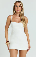 Lillith Mini Linen Blend Dress - Scoop Neck Tie Back Dress in Off White