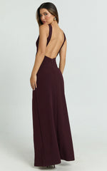 Raya Maxi Dress - Deep V Neck Low Back Bodycon Dress in Wine