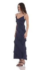Ruffle V-Neck Maxi Dress in Navy