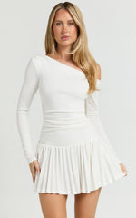 Presley Mini Dress - One Shoulder Ruched Side Pleated Fit And Flare Dress in Cream