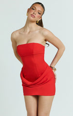 Natalie Mini Dress - Strapless Draped Skirt Dress in Red