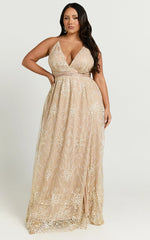 New York Nights Maxi Dress - Sequin Plunge Cross Back Dress in Gold