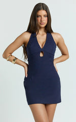 Iyesha Mini Dress - Halter Neck Keyhole Dress in Navy