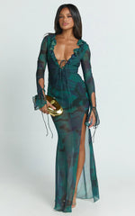 Katie Maxi Dress - Ruffle Plunge Neck Long Sleeve Dress in Green