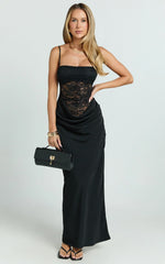 Rania Maxi Dress - Contrast Lace Bodice Bias Cowl Drop Waist Dress in Black