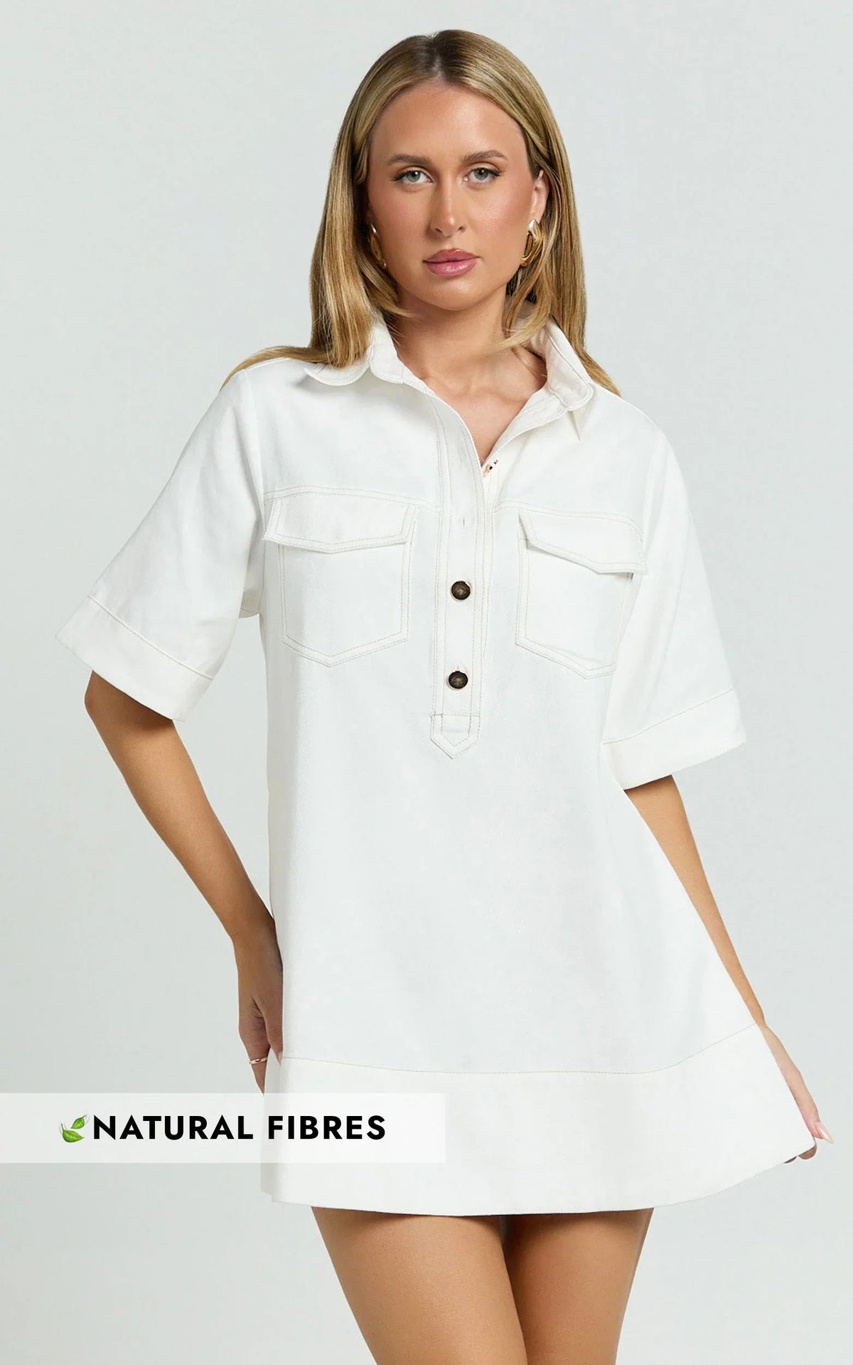 Lynda Mini Dress - Short Sleeve Collared Patch Pocket Shift Dress in Off White