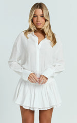 Edith Mini Dress - Long Sleeve Drop Waist Shirt Dress in White
