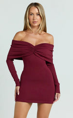 Rani Mini Dress - Off Shoulder Long Sleeve Bodycon Dress in Wine