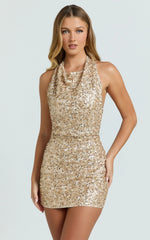Leonie Mini Dress - Halter Cowl Neck Low Back Sequin Fitted Dress in Gold