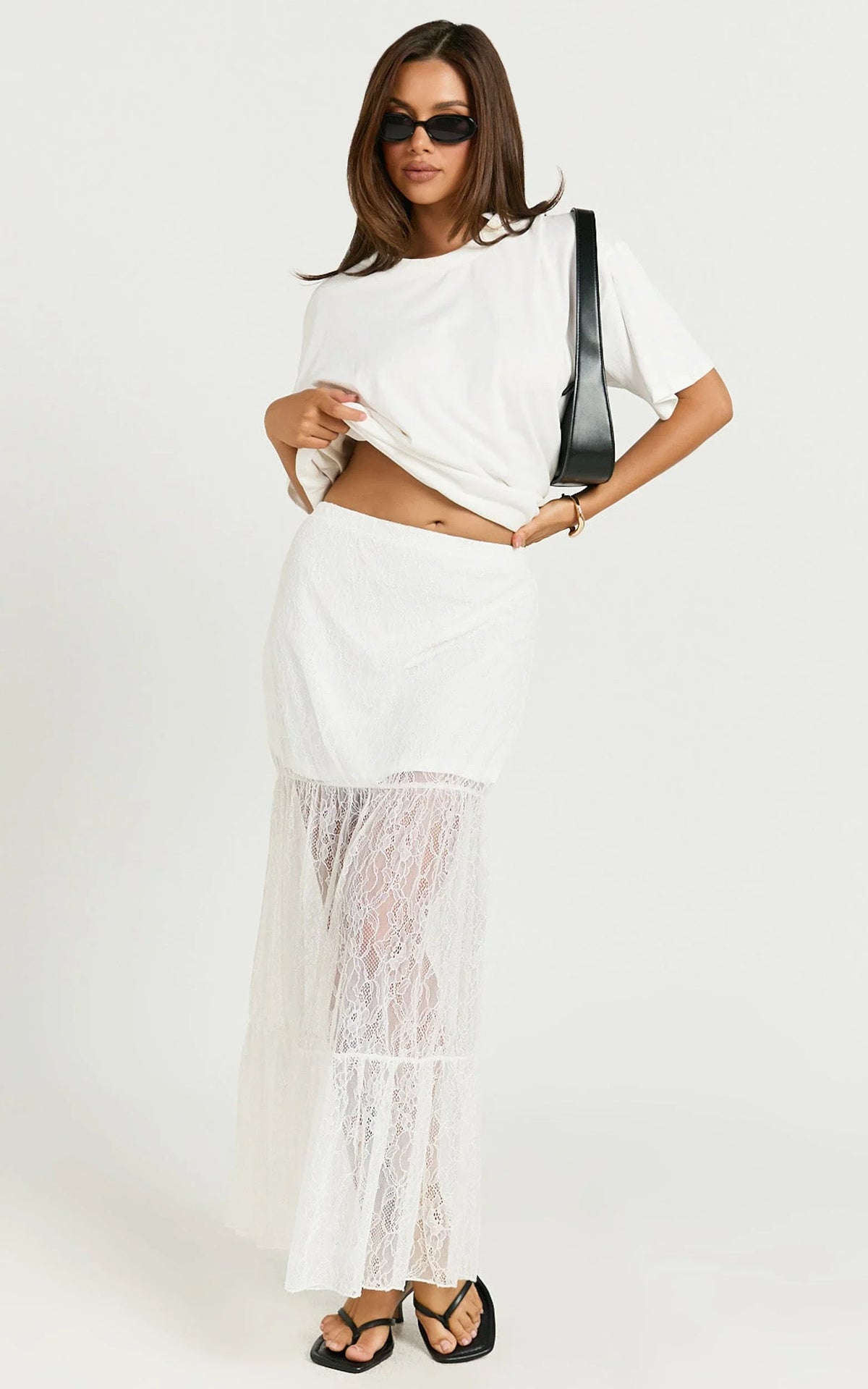 Emilia Maxi Skirt - Lace Gathered Panel Maxi Skirt in White