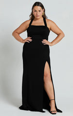 Lainie Maxi Dress - Straight Neck Thigh Split Cross Back in Black