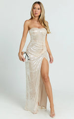 Delilah Maxi Dress - Sequin Strapless High Leg Split Fitted Dress in Gold