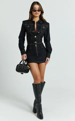 Fabia Mini Dress - Denim Hardware Button Front Fitted Shirt Dress in Dark Wash