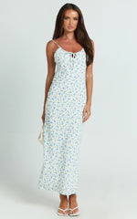 Owen Maxi Dress - Strappy Scoop Neck Tie Front Bias Skirt Dress in Blue Ditsy Floral