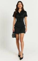 Noemie Mini Dress - Short Sleeve Faux Wrap Dress in Black