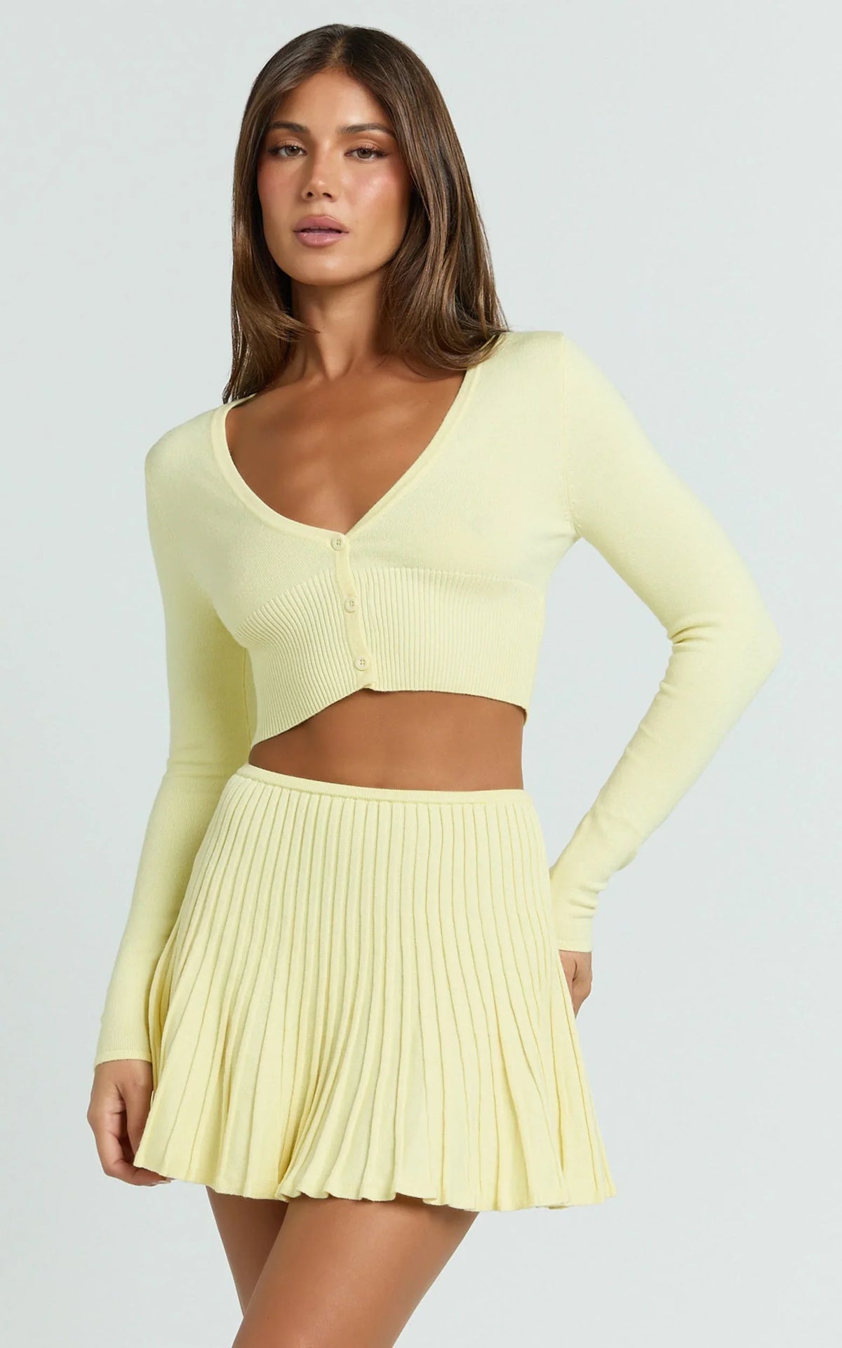 Naomi Two Piece Set - Contrast Knit Button Up Long Sleeve And Pleated Mini Skirt in Lemon