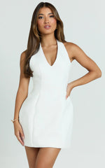 Gaia Mini Dress - Plunge Halter Fit and Flare Dress in White