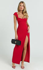 Gabrielle Maxi Dress - Cap Sleeve Sweetheart Neck Bodycon Dress in Red