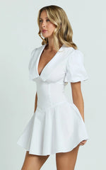 Lucy Mini Dress - Deep V Oversized  Collar Puff Sleeve A Line Dress in White