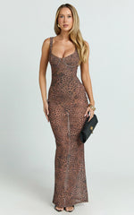 Laney Maxi Dress - Mesh Sweetheart Neck Bodycon Dress in Leopard Print