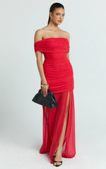 Leticia Maxi Dress - Mesh Off Shoulder Ruched High Split Dress in Red