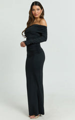 Emilie Maxi Dress - Off Shoulder Long Sleeve Ruched Jersey Dress in Black