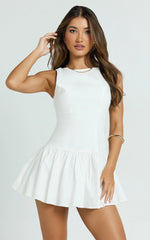 Izira Mini Dress - Boat Neck Drop Waist Shift Dress in White