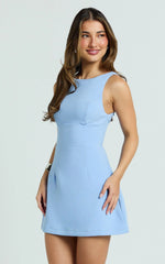 Freddie Mini Dress - Boat Neck Fit and Flare Dress in Blue