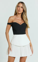 Izara Mini Dress - Off Shoulder Pleated Dress in Black/White