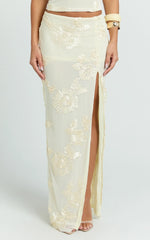 Jelena Maxi Skirt - Embroidered Floral Mid Waist Bodycon Skirt in Lemon